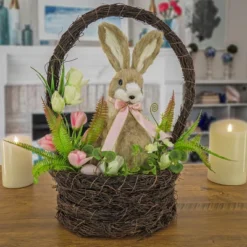 National Tree Company 10 National Tree Company Woven Basket With Bunny Table Decoration, Woven Branch Base, Decorated With Fern Fronds, Tulips, Easter Collection, 17 Inches