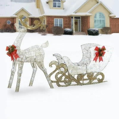 National Tree Company Prelit 48" White & Gold Sisal Reindeer And 24" Sleigh Outdoor Christmas Holiday Yard Decoration With 140 Cool White LED Lights 1 National Tree Company Prelit 48" White & Gold Sisal Reindeer And 24" Sleigh Outdoor Christmas Holiday Yard Decoration With 140 Cool White LED Lights
