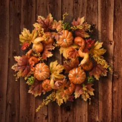 National Tree Company Artificial Autumn Wreath, Decorated With Pumpkins, Gourds, Berry Clusters, Maple Leaves, Autumn Collection, 22 In