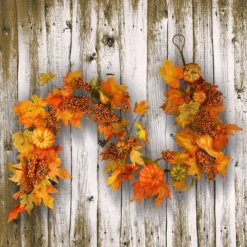 National Tree Company Garland With Maple Leaves And Pumpkins Red/Orange (70")