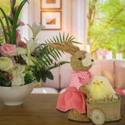 National Tree Company Female Bunny With Wagon Table Decoration, Decorated With Pastel Eggs, Chick, Easter Collection, 14 Inches