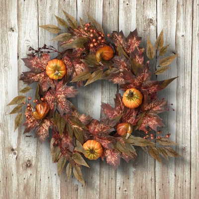 National Tree Company Artificial Autumn Wreath, Decorated With Pumpkins, Berry Clusters, Ivy, Maple Leaves, Autumn Collection, 24 In 1 National Tree Company Artificial Autumn Wreath, Decorated With Pumpkins, Berry Clusters, Ivy, Maple Leaves, Autumn Collection, 24 In